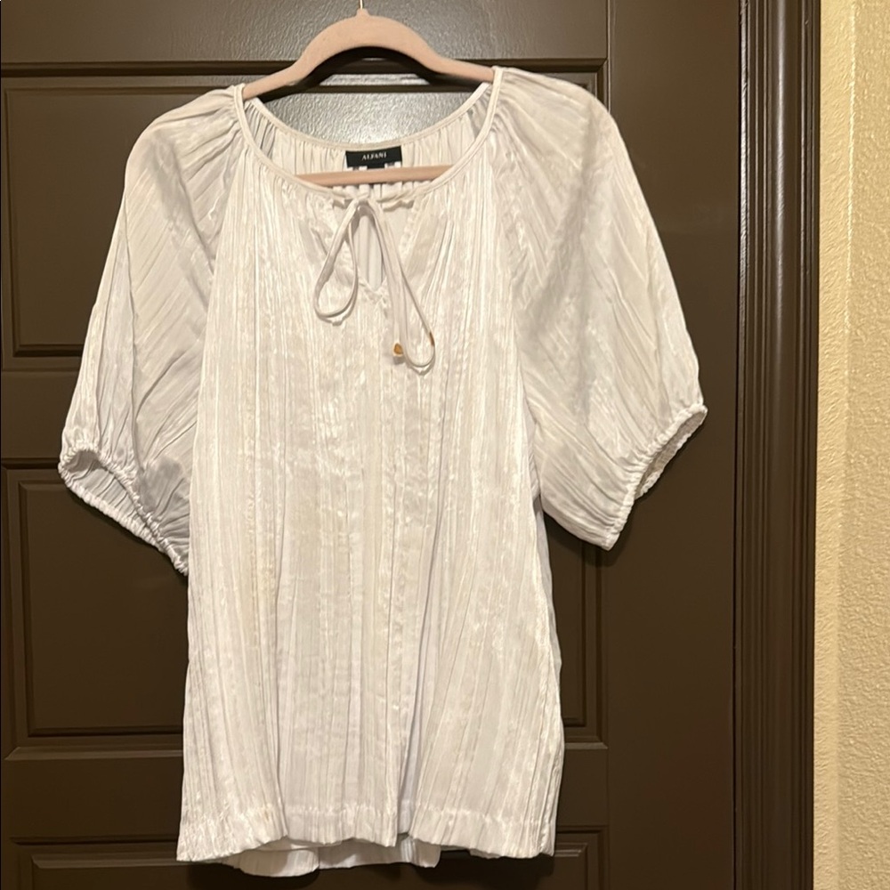 Alfani White Puff Sleeve Blouse with Tie Front